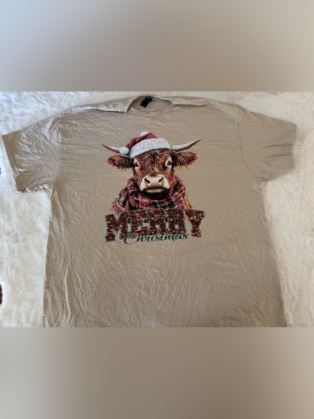 Gildan Beige Holiday Highland Cow Tee